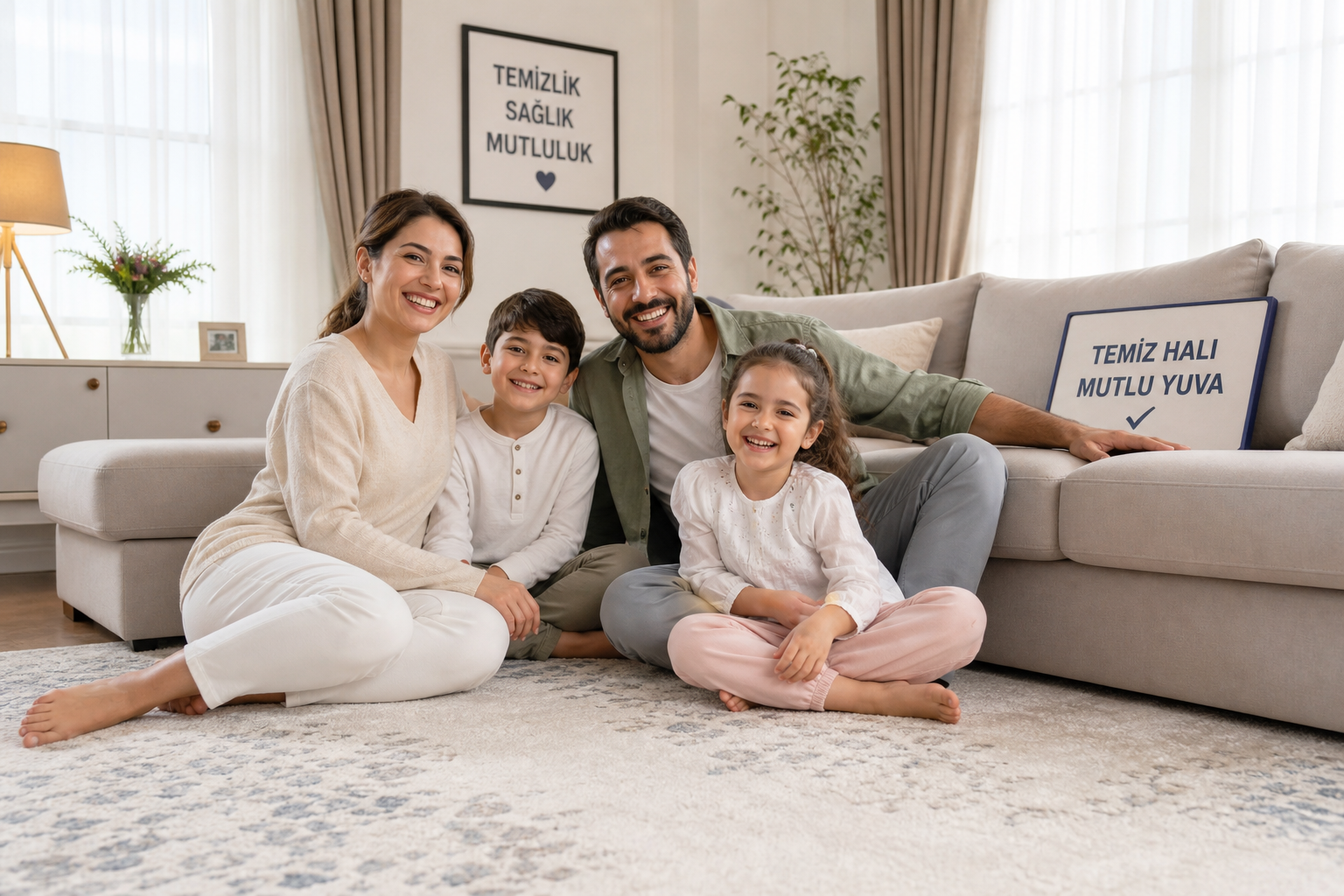 Zufriedene Kundin in frisch gereinigtem Wohnzimmer